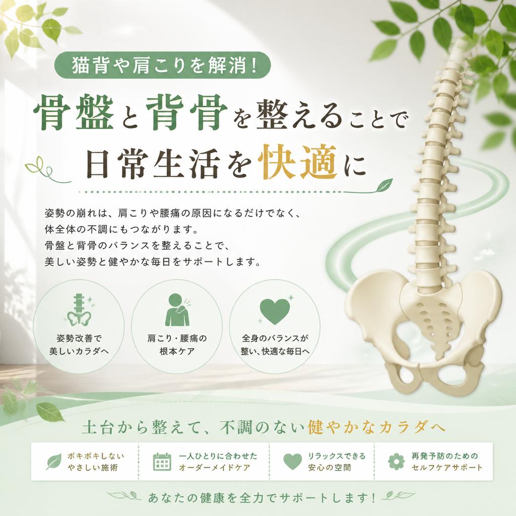 猫背や肩こりを解消！骨盤と背骨を整えることで日常生活を快適に