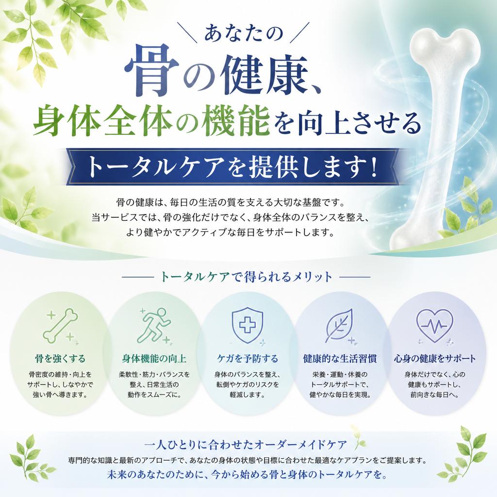 あなたの骨の健康、身体全体の機能を向上させるトータルケアを提供します！