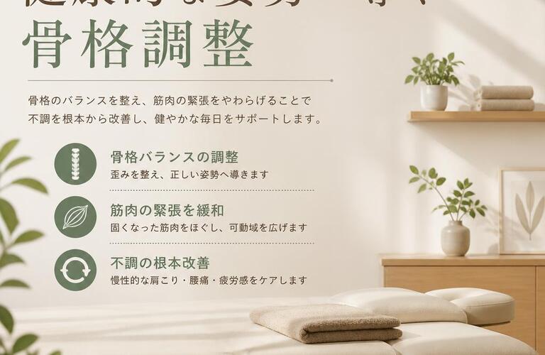 筋肉の固さを解消し、健康的な姿勢へ導く骨格調整｜市川市南行徳カイロプラクティックサロン「カラダサロンきえ」