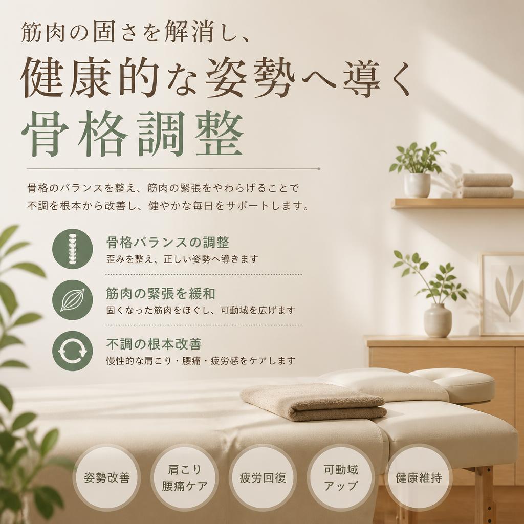 筋肉の固さを解消し、健康的な姿勢へ導く骨格調整